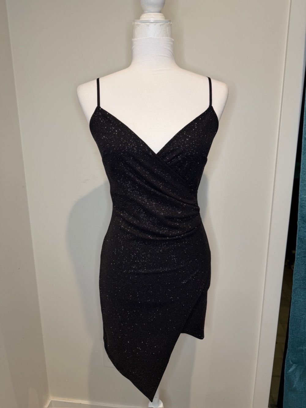 Glitter Black Asymmetric Slip Mini Dress